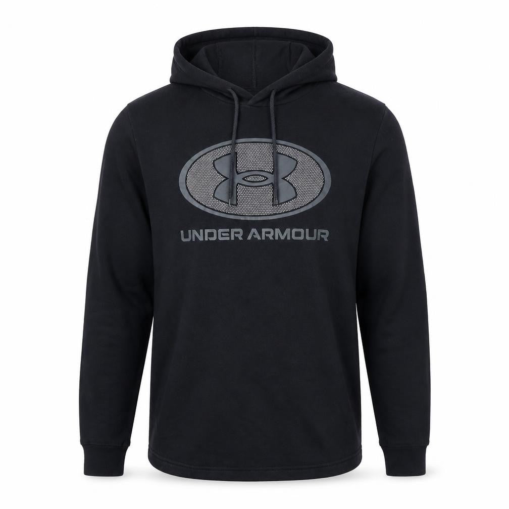 Front view of Under Armour men’s black pullover hoodie small logo sportswear