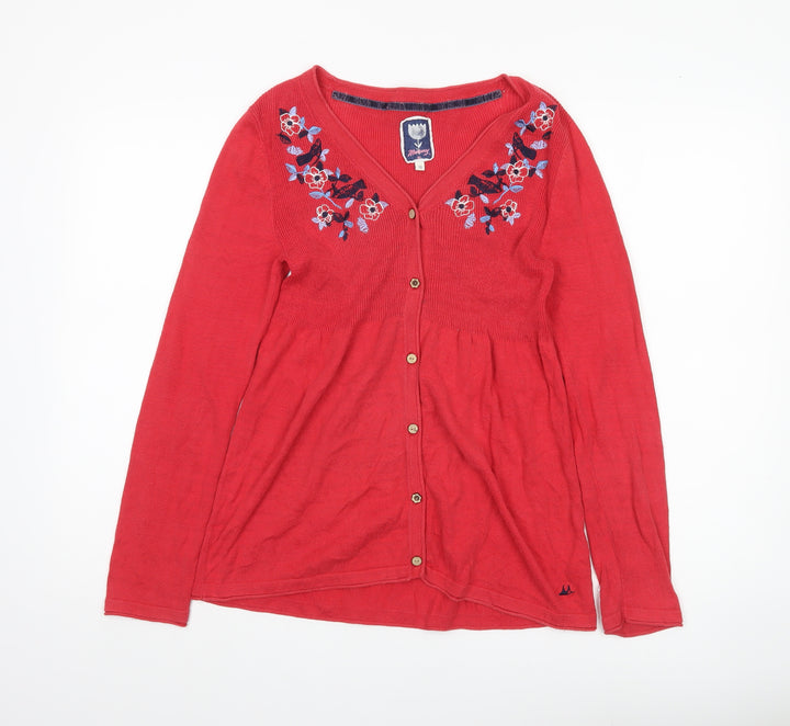 Mandarary Womens Red Floral Cotton Cardigan Size 10 Long Sleeve