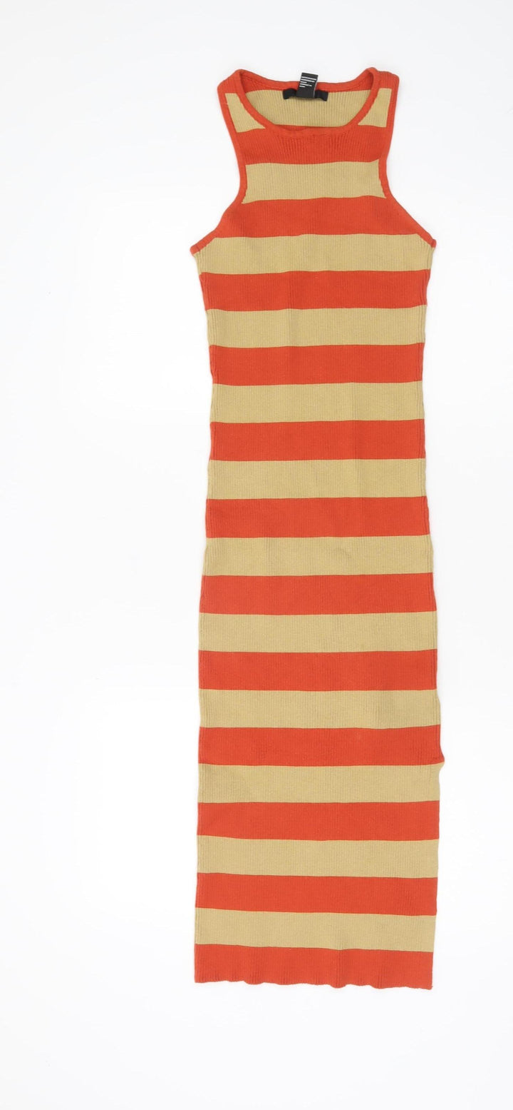 Forever 21 Women Orange Beige Striped Bodycon Knit Midi Dress XS