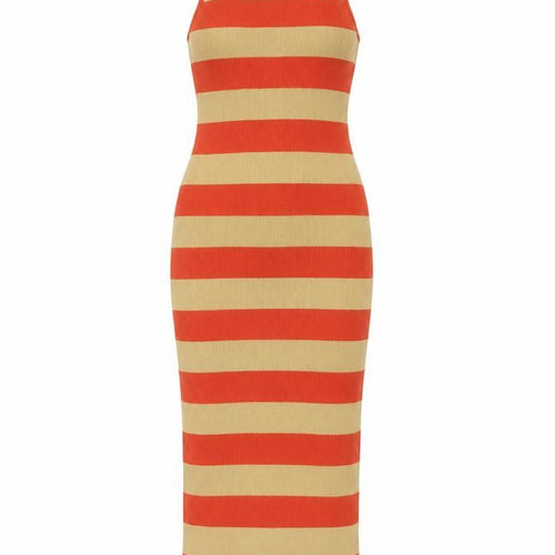 Forever 21 Women Orange Beige Striped Bodycon Knit Midi Dress XS