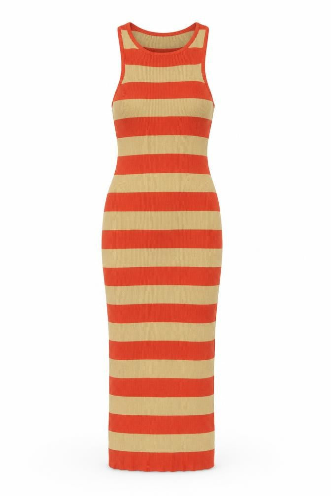 Forever 21 Women Orange Beige Striped Bodycon Knit Midi Dress XS