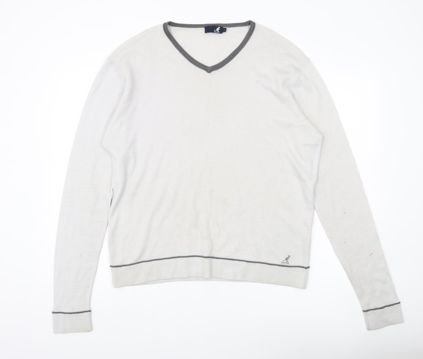 Kangol Mens Grey V-Neck Pullover Jumper L Wool Blend Long Sleeve