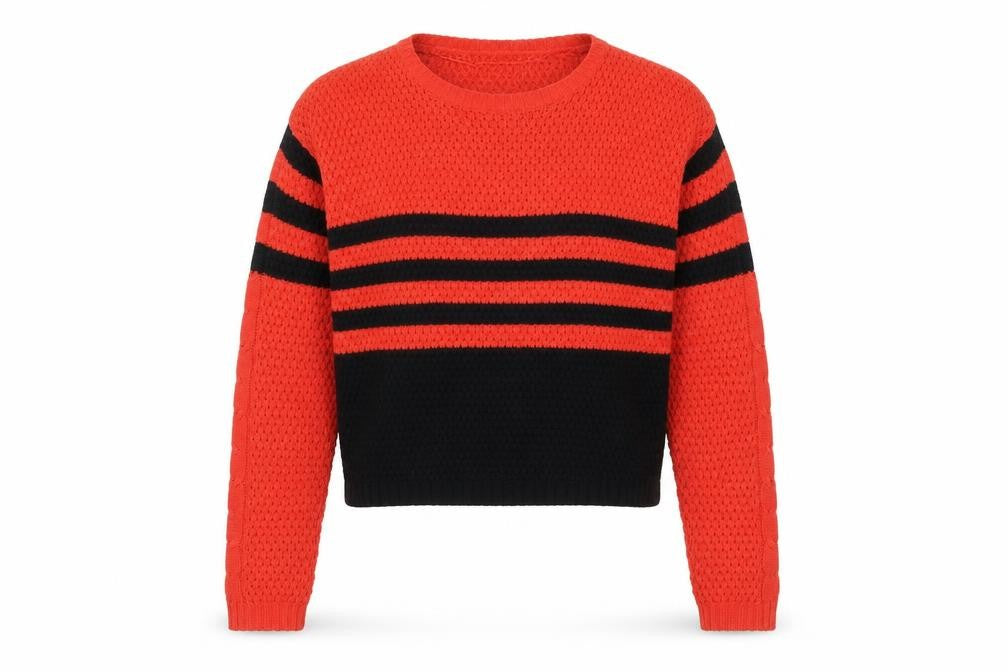 Front view of VILA Women Red Black Striped Knit jumper, size S