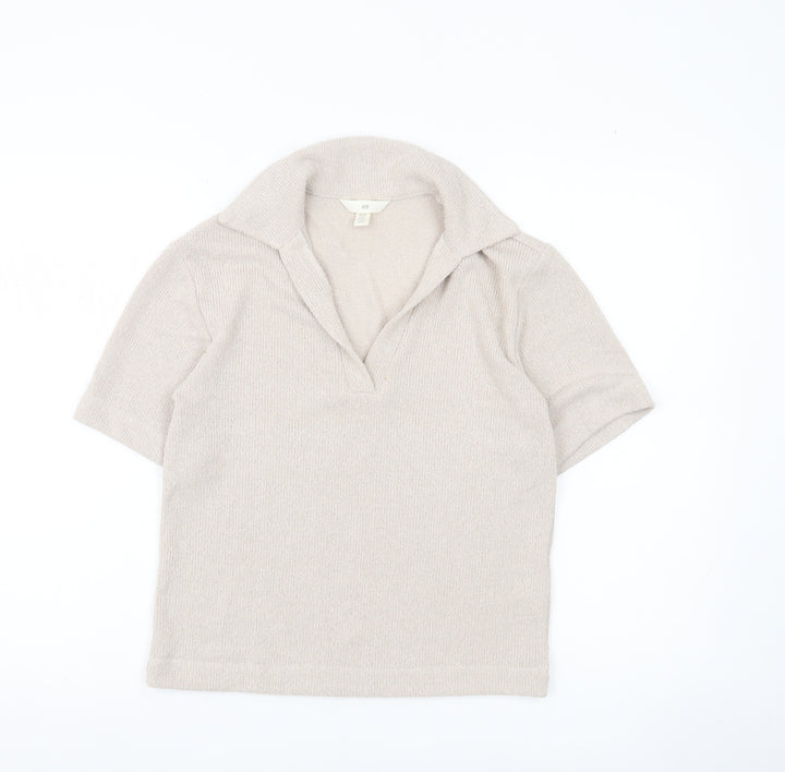 H&M Women Beige XS Short Sleeve Knit Polo Top