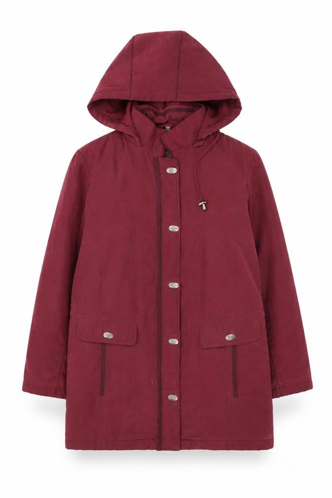 Front view of Anna Rose Women's Red Parka Coat Hooded Mid-Length, size S