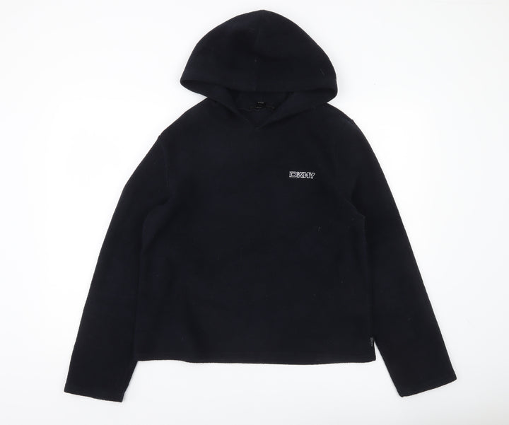 DKNY Womens Black Pullover Hoodie Fleece Sweatshirt Size L
