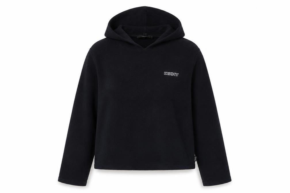 Front view of DKNY women’s black pullover hoodie fleece sweatshirt, size L