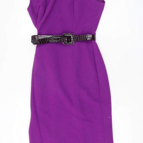 Marks and Spencer Womens Purple Sheath Dress UK 8 Belted Knee Length Workwear