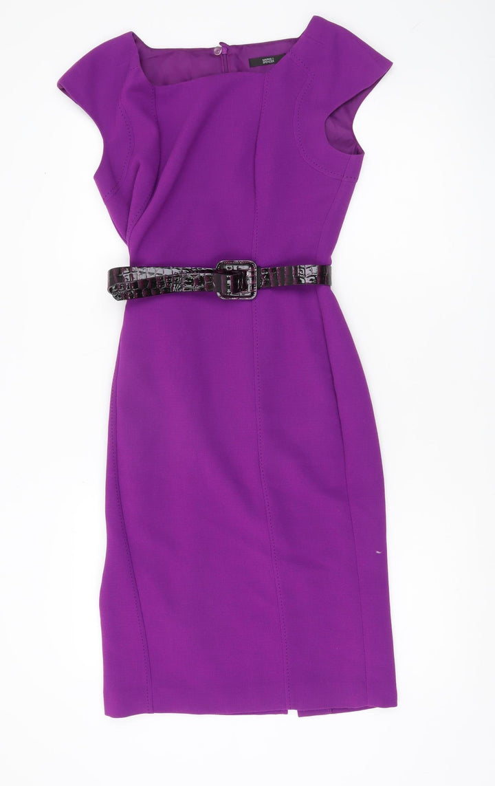 Marks and Spencer Womens Purple Sheath Dress UK 8 Belted Knee Length Workwear