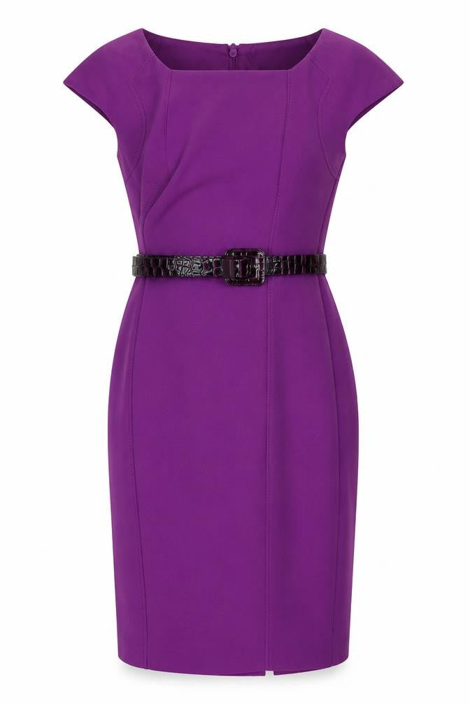 Marks and Spencer Womens Purple Sheath Dress UK 8 Belted Knee Length Workwear
