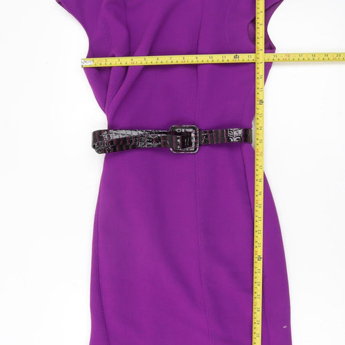 Marks and Spencer Womens Purple Sheath Dress UK 8 Belted Knee Length Workwear