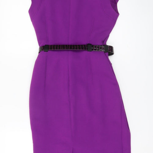 Marks and Spencer Womens Purple Sheath Dress UK 8 Belted Knee Length Workwear