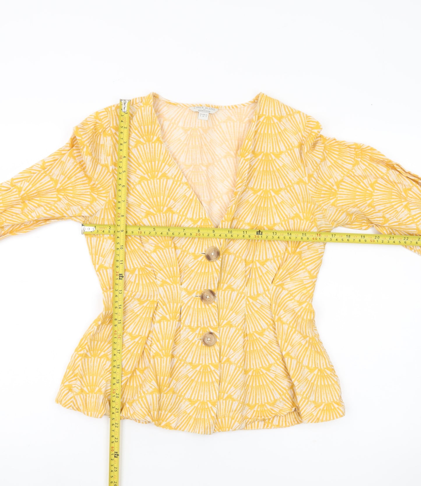 Monsoon Women’s Yellow Linen Blend Blouse Size 8 V-Neck 3/4 Sleeve