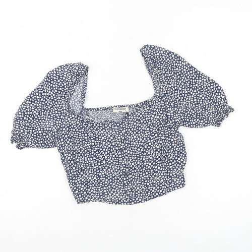 Superdry Women Blue Floral Cropped Blouse Puff Sleeve Size 8