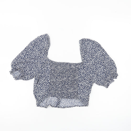 Superdry Women Blue Floral Cropped Blouse Puff Sleeve Size 8