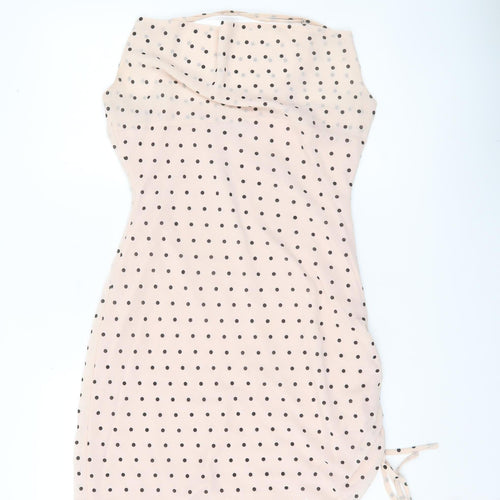 Nasty Gal Women’s Beige Polka Dot Bodycon Dress UK 12 Sleeveless Cowl Neck