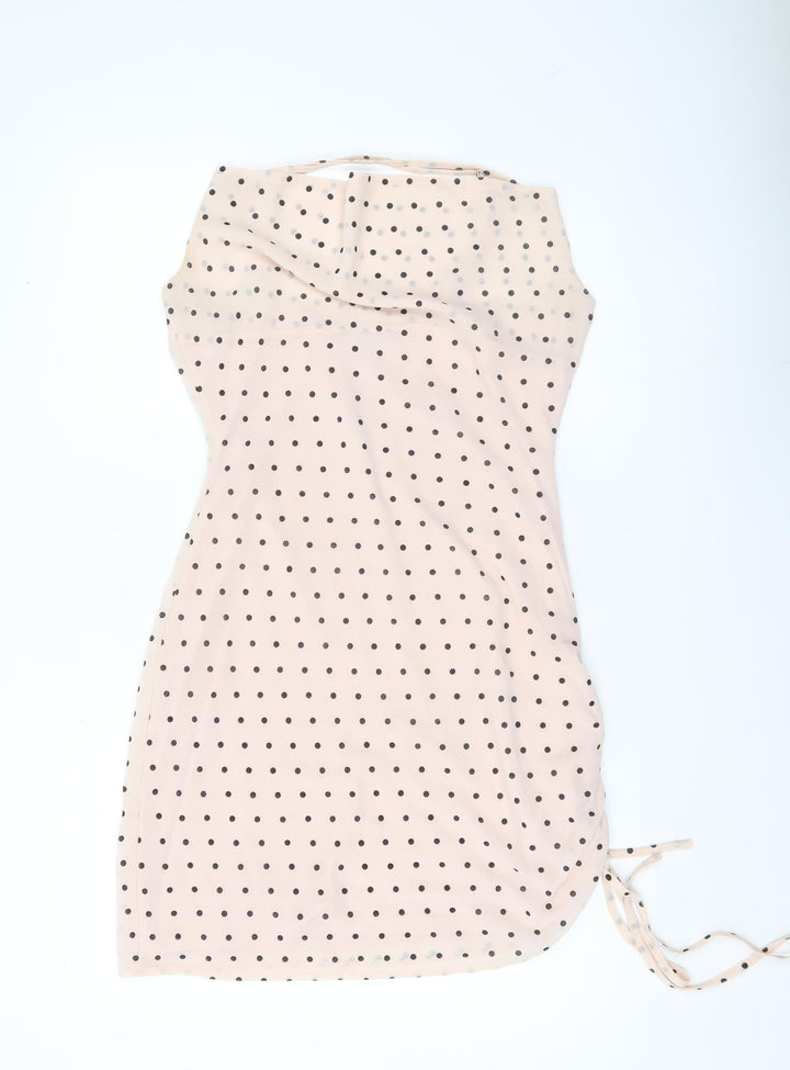 Nasty Gal Women’s Beige Polka Dot Bodycon Dress UK 12 Sleeveless Cowl Neck