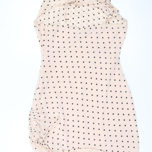 Nasty Gal Women’s Beige Polka Dot Bodycon Dress UK 12 Sleeveless Cowl Neck
