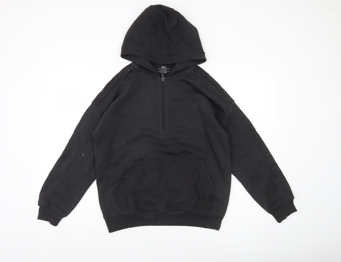 Marks and Spencer Boys Black Hoodie 12-13 Yrs Regular Fit Pullover