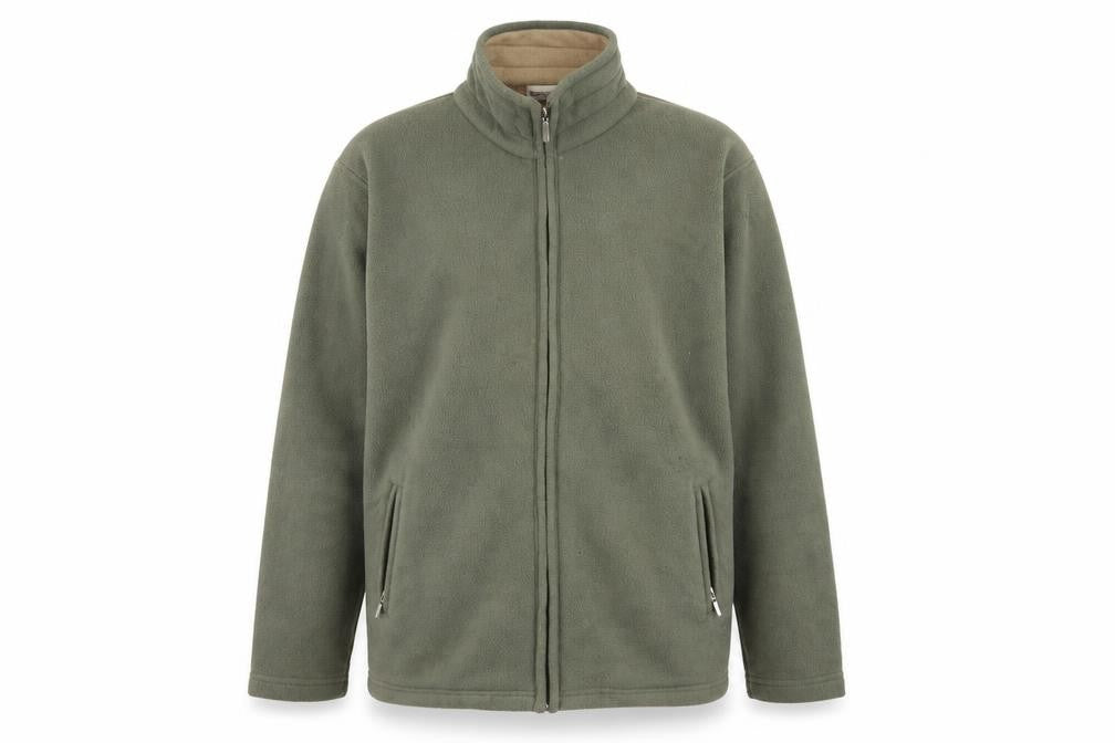 Front view of Bonmarché men’s green fleece jacket, size M, regular fit full zip