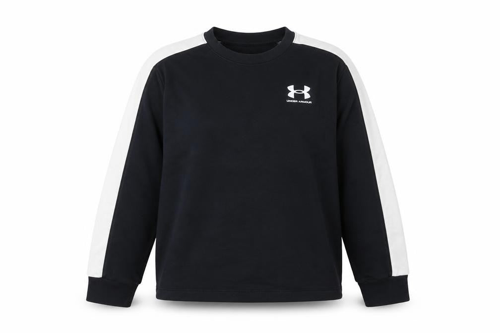 Front view of Under Armour women’s black sweatshirt, size M, logo pullover gym