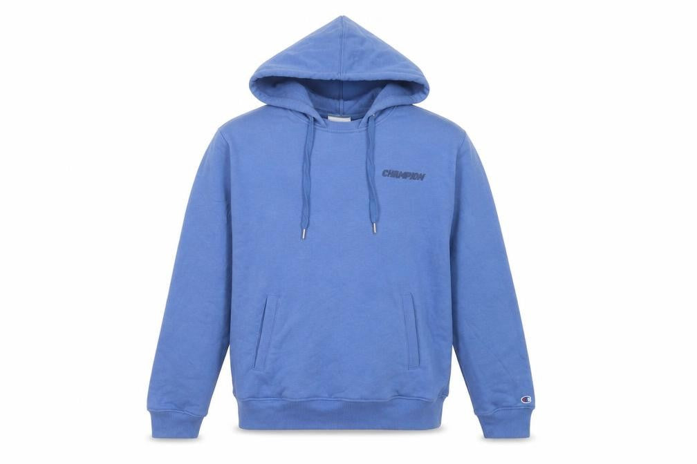 Front view of Champion Men's Blue Pullover Hoodie, size S, Regular Fit