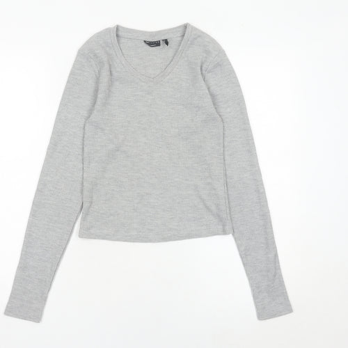 ASOS Design Women’s Grey Slim Fit Long Sleeve V-Neck Top Size S UK 8-10