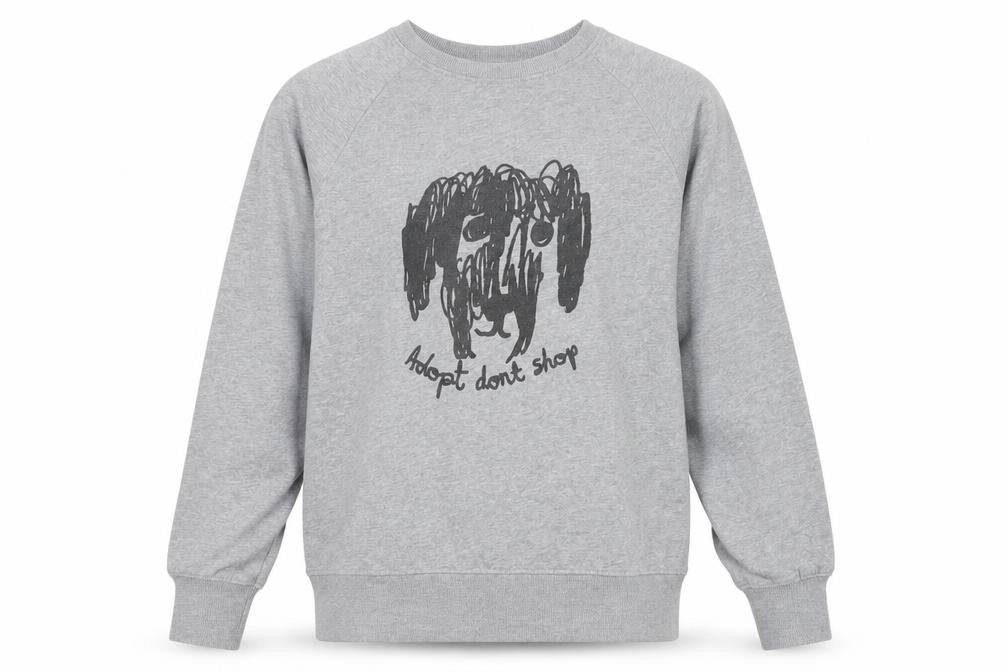 Front view of Black Score unisex grey medium sweatshirt graphic dog print