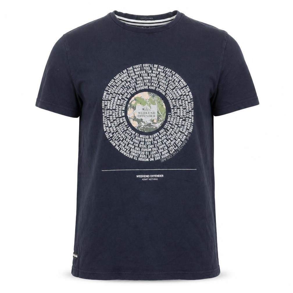 Front view of Weekend Offender Men's Navy Blue Graphic Print T-Shirt, size S