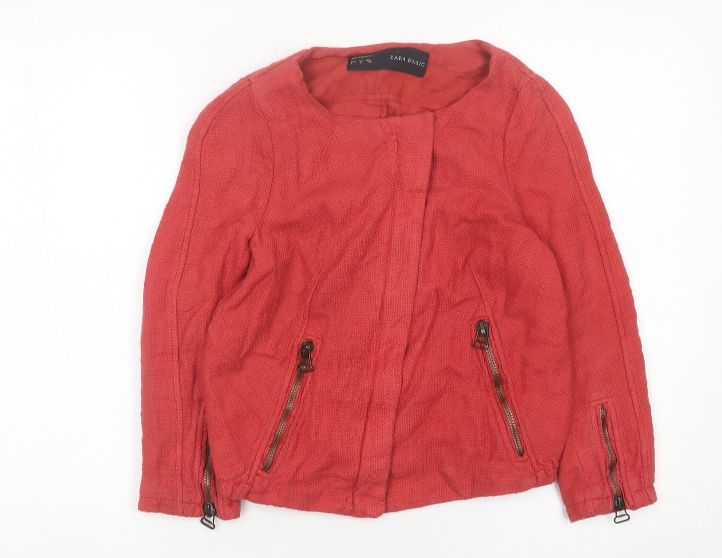 Zara Basic Women’s Red Cotton Linen Jacket Size S Casual Zip