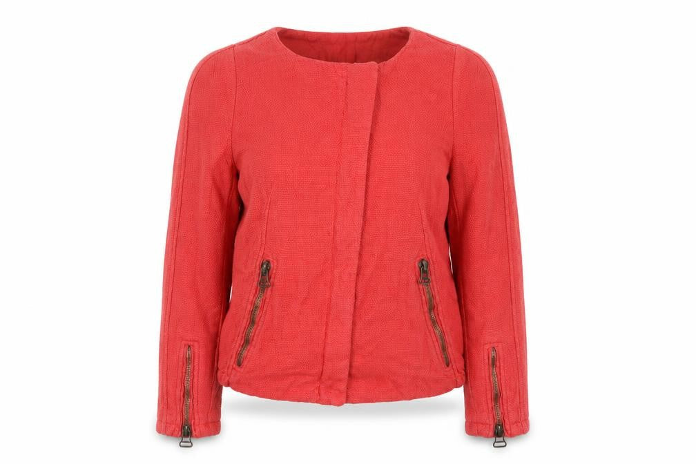 Front view of Zara Basic Women’s Red Cotton Linen Jacket, size S, Casual Zip