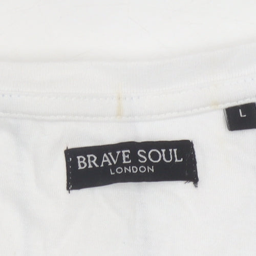 Brave Soul Men's White Striped Cotton Jersey T-Shirt L