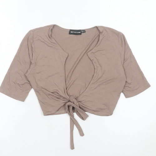 PrettyLittleThing Women’s Brown Wrap Tie Front Top UK 12 V-Neck