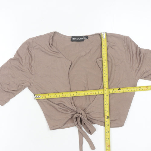 PrettyLittleThing Women’s Brown Wrap Tie Front Top UK 12 V-Neck