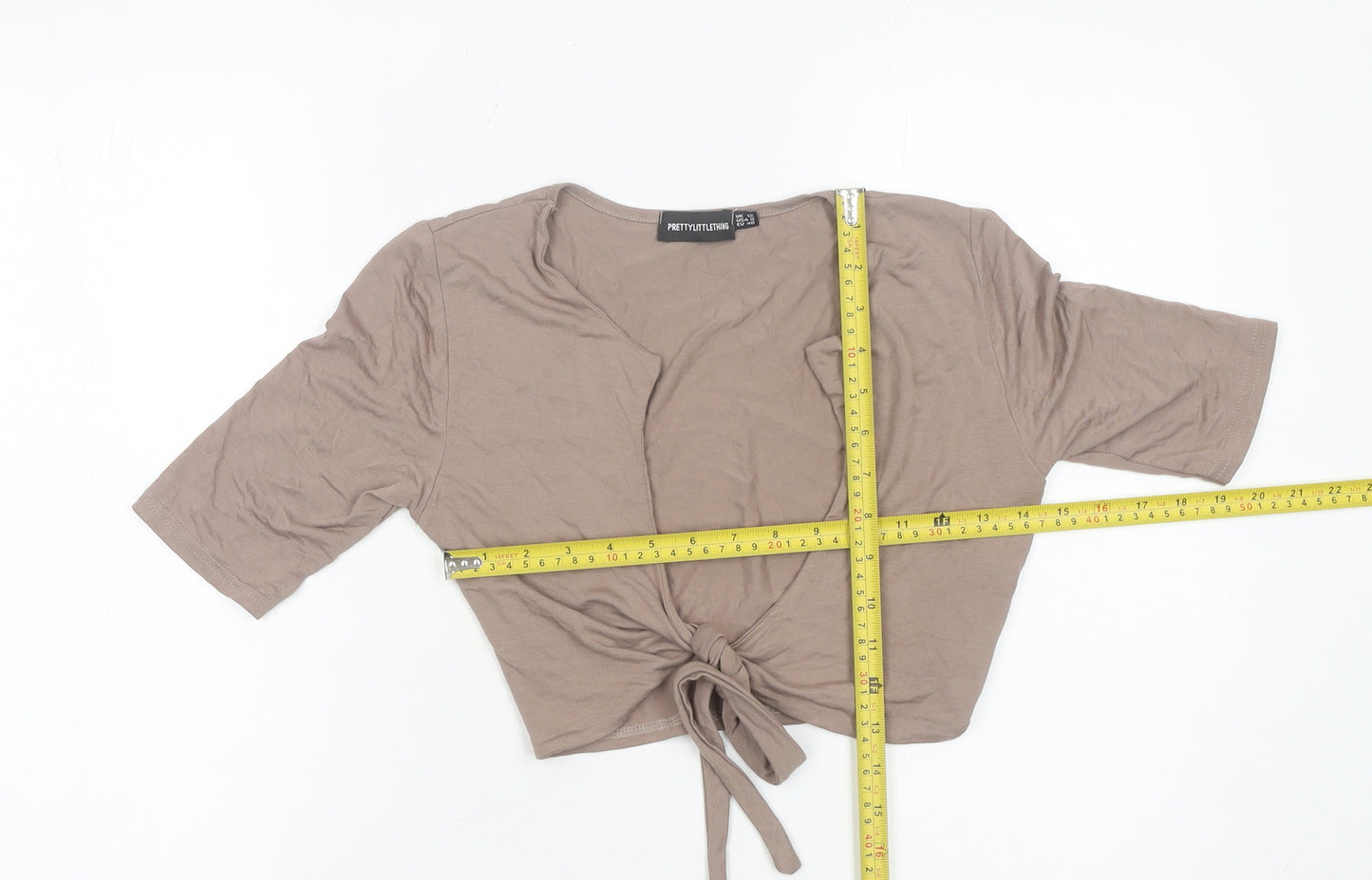 PrettyLittleThing Women’s Brown Wrap Tie Front Top UK 12 V-Neck