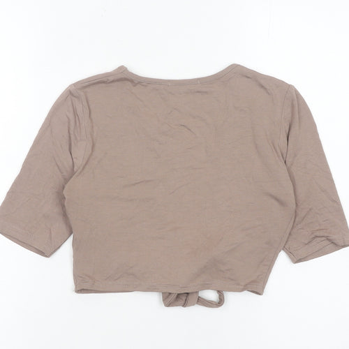 PrettyLittleThing Women’s Brown Wrap Tie Front Top UK 12 V-Neck