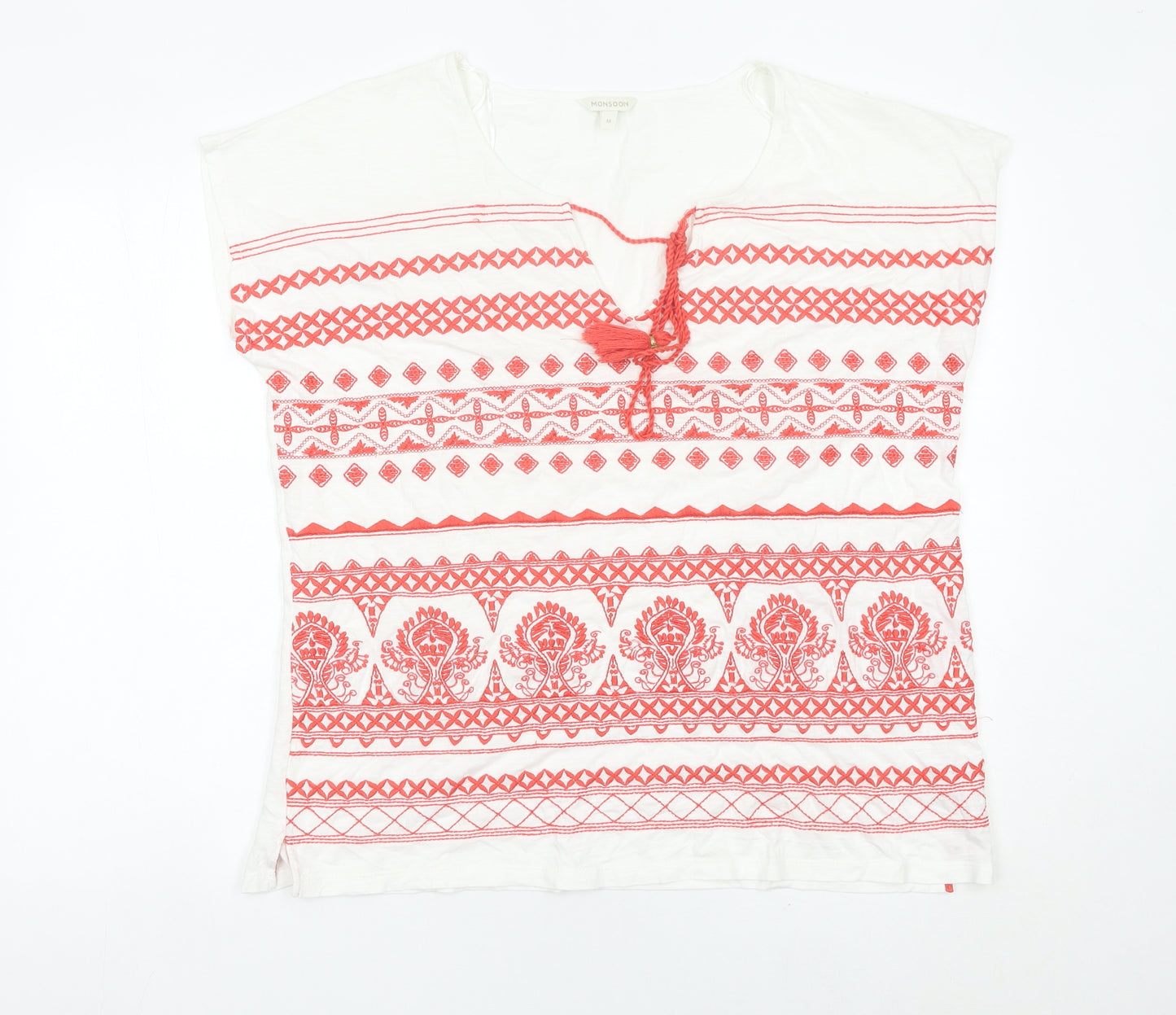 Monsoon Women White Red Embroidered Tunic Blouse Top M