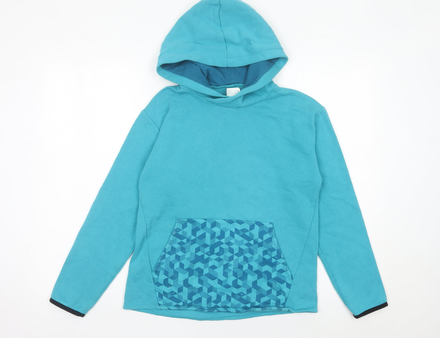 Decathlon Boys Blue Pullover Hoodie 14 Years Geometric Pocket Long Sleeve