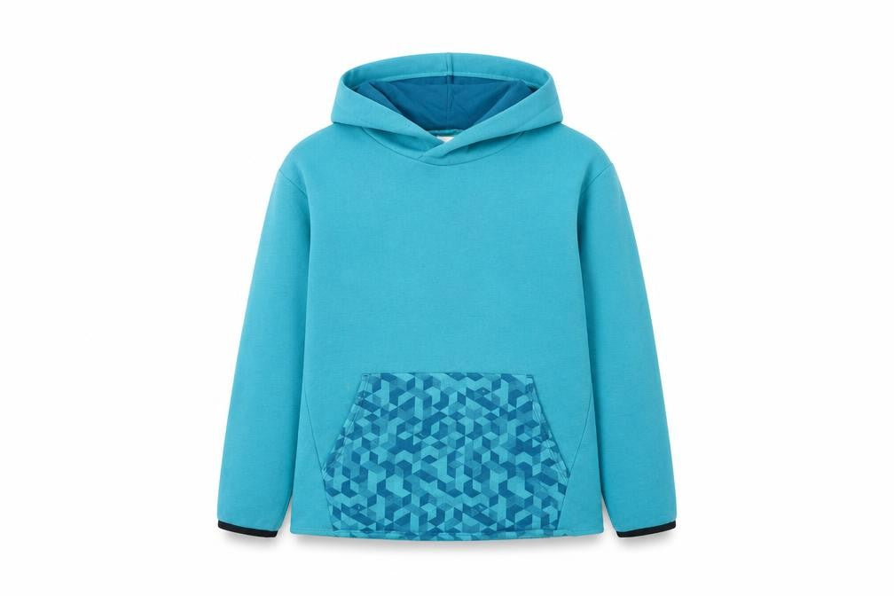 Front view of Decathlon boys’ blue pullover hoodie 14 years geometric pocket long sleeve