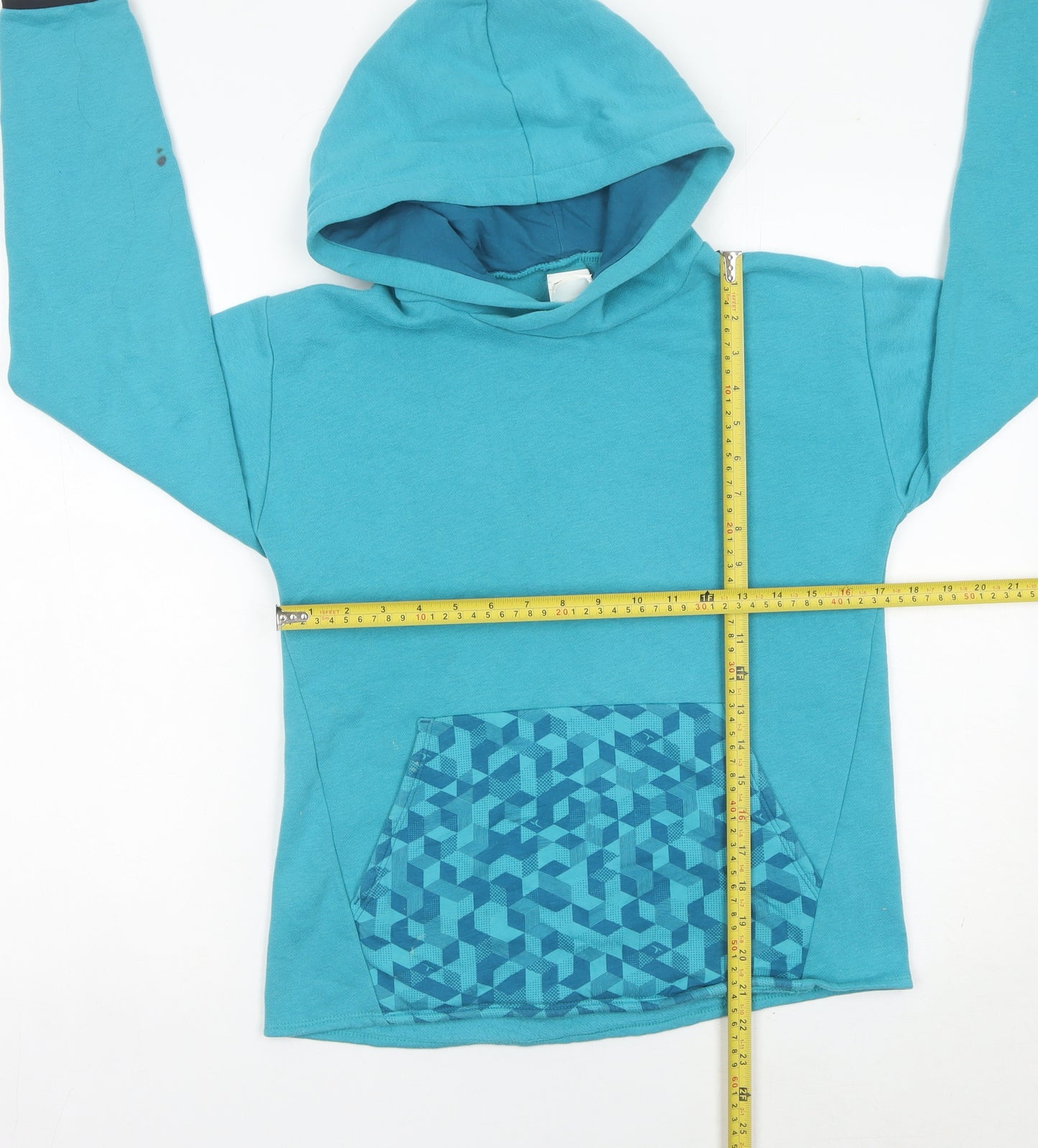 Decathlon Boys Blue Pullover Hoodie 14 Years Geometric Pocket Long Sleeve