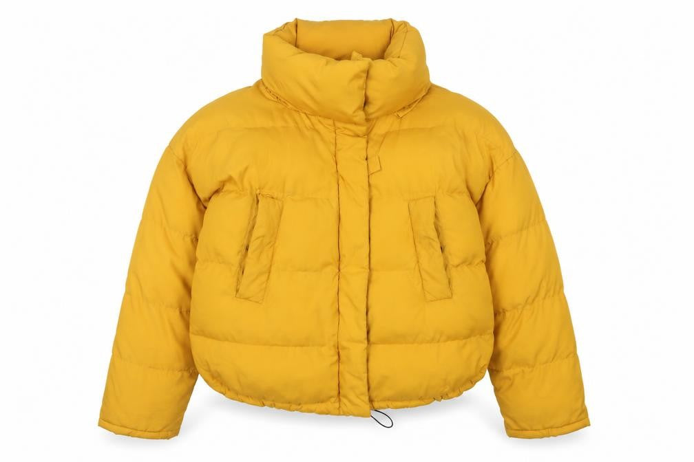 Front view of Light Before Dark women’s yellow puffer jacket s quilted winter coat