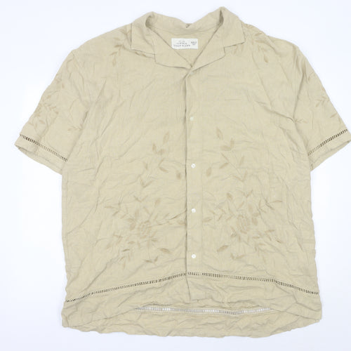 Abercrombie & Fitch Mens Beige 2XL Tall Linen Blend Embroidered Button Shirt