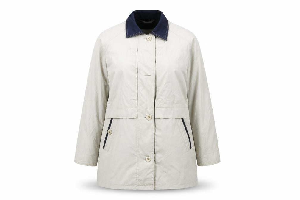 Front view of Damart Women’s Beige Mid-Length Rain Coat, size UK 16, Collared