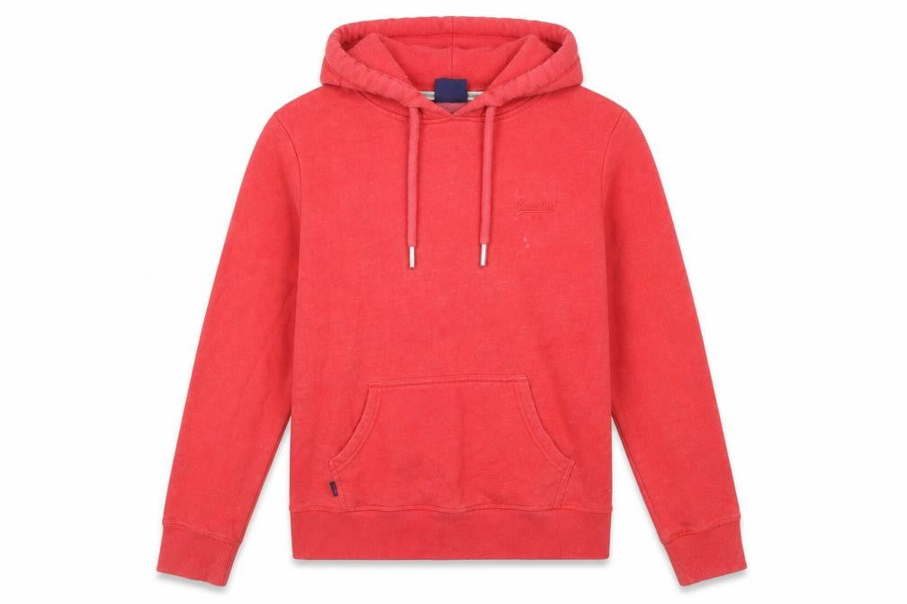 Front view of Superdry women’s red pullover hoodie, size UK 12, cotton blend