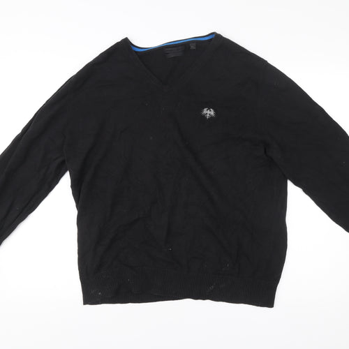 Soviet Black Mens XL V-Neck Cotton Jumper Pullover Black Knitwear