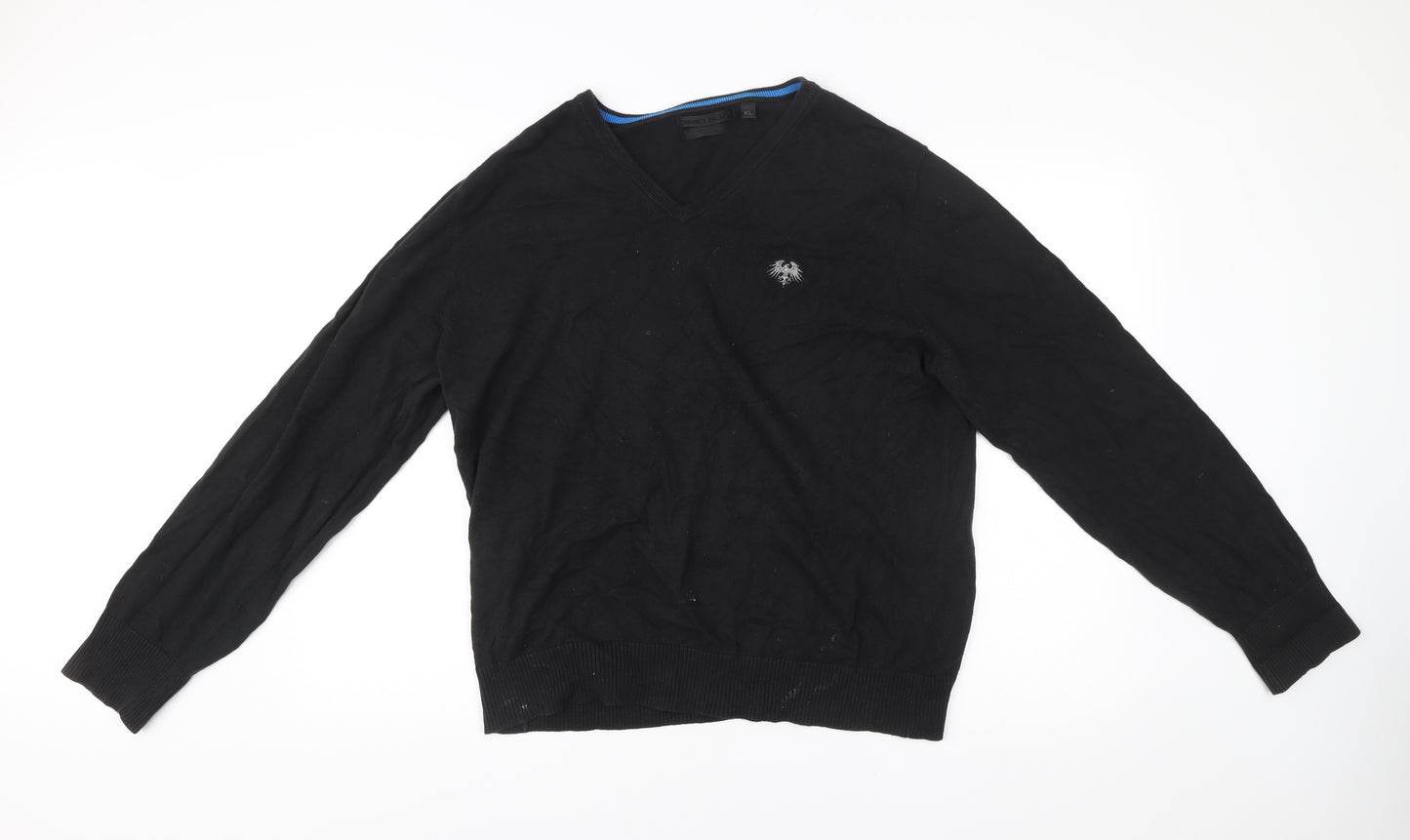 Soviet Black Mens XL V-Neck Cotton Jumper Pullover Black Knitwear