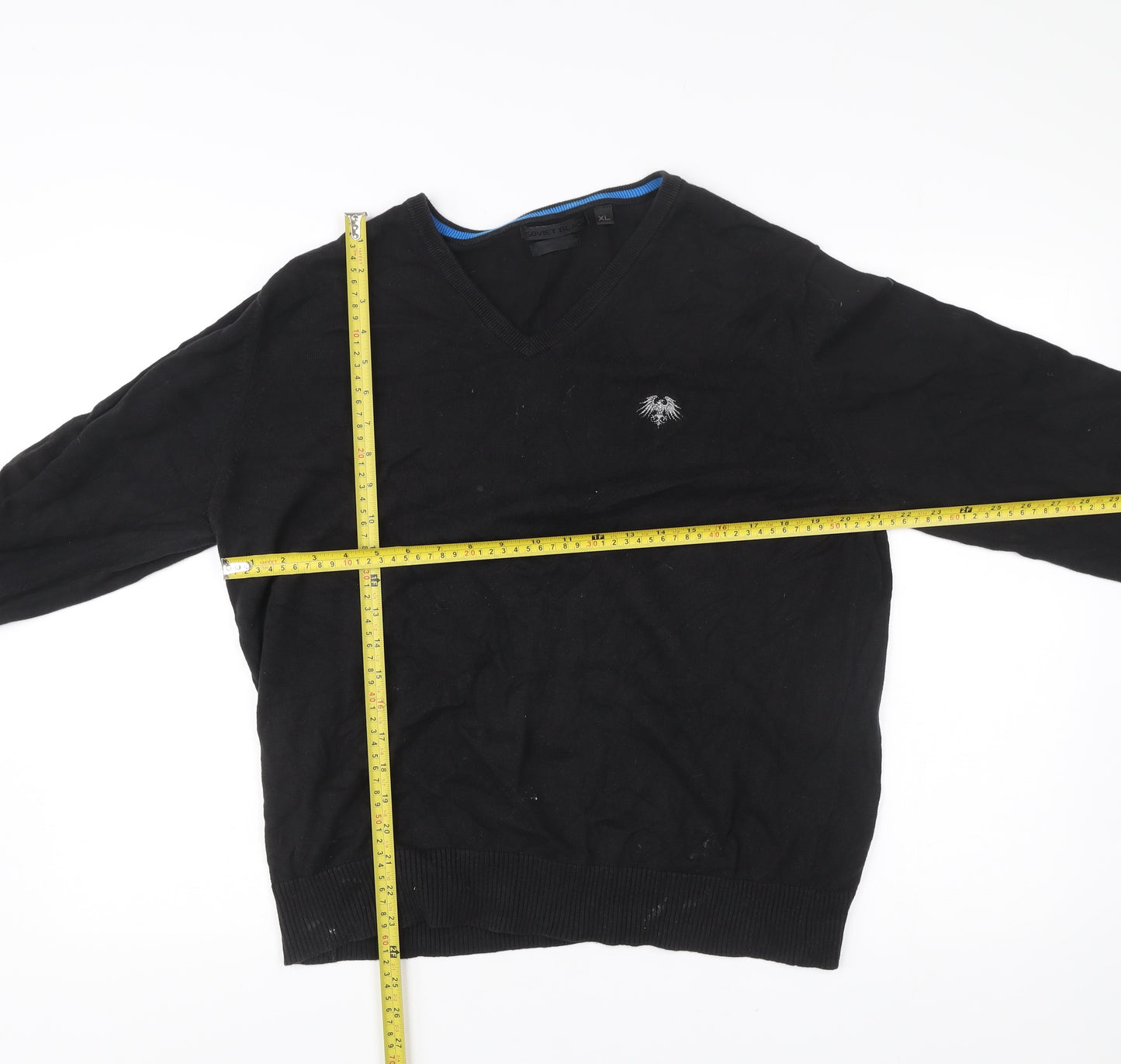 Soviet Black Mens XL V-Neck Cotton Jumper Pullover Black Knitwear