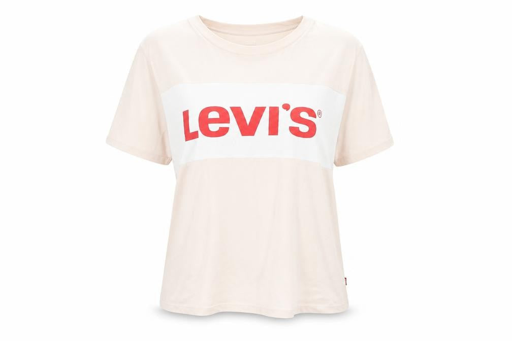 Front view of Levi's women’s beige colourblock logo t-shirt medium cotton