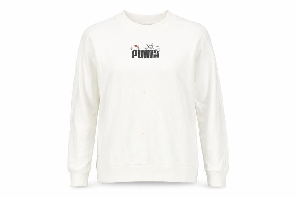 Front view of Puma Hello Kitty women’s white sweatshirt, size S, cotton blend
