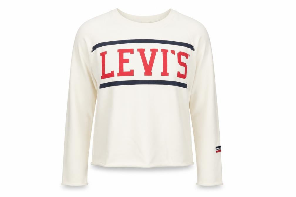Front view of Levi's women’s ivory xs logo pullover sweatshirt cotton